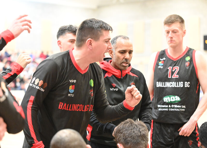 Ballincollig coach Ciaran O'Sullivan celebrates against Eanna during the Domino's Men's Super League play-off semi final at MTU Arena Picture; Eddie O'Hare