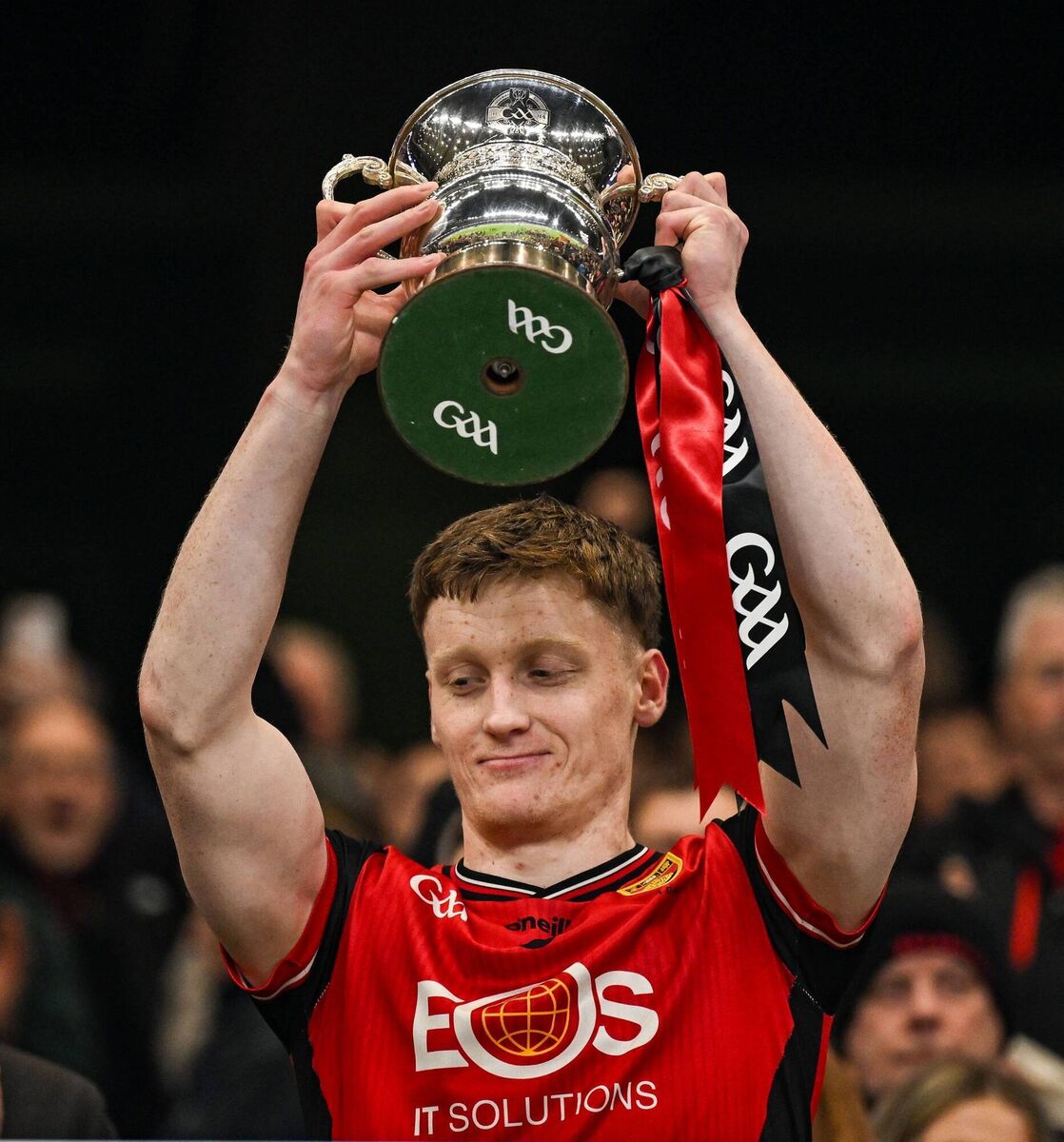 Down captain Odhran Murdock lifts the cup. Pic: David Fitzgerald/Sportsfile Down captain Odhran Murdock lifts the cup. Pic: David Fitzgerald/Sportsfile