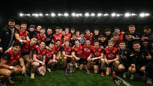 <p>Down players celebrate with the cup. Pic: David Fitzgerald/Sportsfile</p>