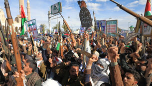 Houthi supporters shout slogans during a rally against Israel and the United States’ war in Iran, in Sanaa (Osamah Abdulrahman/AP) Houthi supporters shout slogans during a rally against Israel and the United States’ war in Iran, in Sanaa (Osamah Abdulrahman/AP)