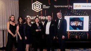 <p>Fiona Collins and Colin Kenny of Guinness Cork Jazz Festival receiving the overall Business of The Year Award from sponsors Sandra Carey of the Irish Examiner, and Auriol Kelly of PTSB, along with Cliona Barnes and Dave O'Brien, CBA. Pictures: Michael O'Sullivan / OSM PHOTO </p>