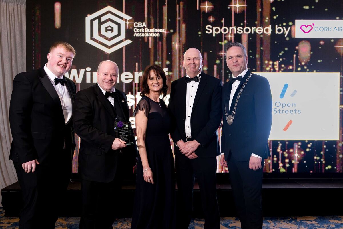 David Joyce and Paul McGuirk of Open Streets, Cork City Council, pictured receiving the award for Best Festival or Event from sponsor Adam Kelly of Cork Airport, and Cliona Barnes and Dave O'Brien, CBA. David Joyce and Paul McGuirk of Open Streets, Cork City Council, pictured receiving the award for Best Festival or Event from sponsor Adam Kelly of Cork Airport, and Cliona Barnes and Dave O'Brien, CBA.