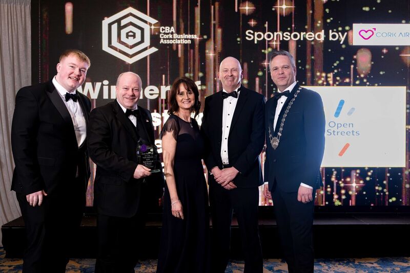 David Joyce and Paul McGuirk of Open Streets, Cork City Council, pictured receiving the award for Best Festival or Event from sponsor Adam Kelly of Cork Airport, and Cliona Barnes and Dave O'Brien, CBA. David Joyce and Paul McGuirk of Open Streets, Cork City Council, pictured receiving the award for Best Festival or Event from sponsor Adam Kelly of Cork Airport, and Cliona Barnes and Dave O'Brien, CBA.