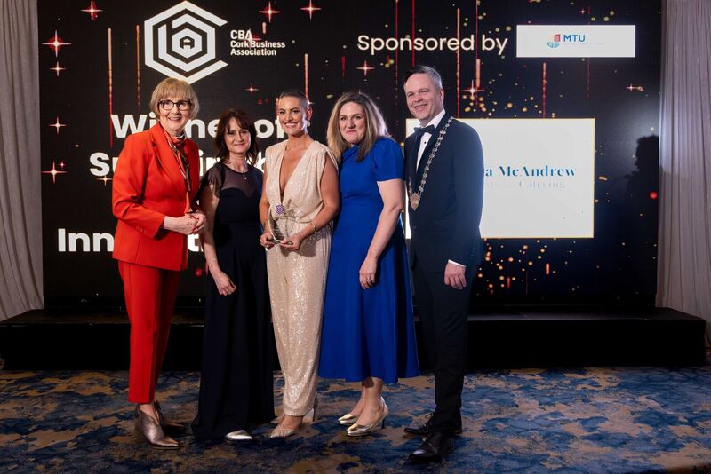 Orla McAndrew and Andrea Ambrose of Orla McAndrew Food, pictured receiving the Sustainable Business Innovation award from sponsor Prof. Maggie Cusack of MTU, with Cliona Barnes and Dave O'Brien, CBA. Orla McAndrew and Andrea Ambrose of Orla McAndrew Food, pictured receiving the Sustainable Business Innovation award from sponsor Prof. Maggie Cusack of MTU, with Cliona Barnes and Dave O'Brien, CBA.