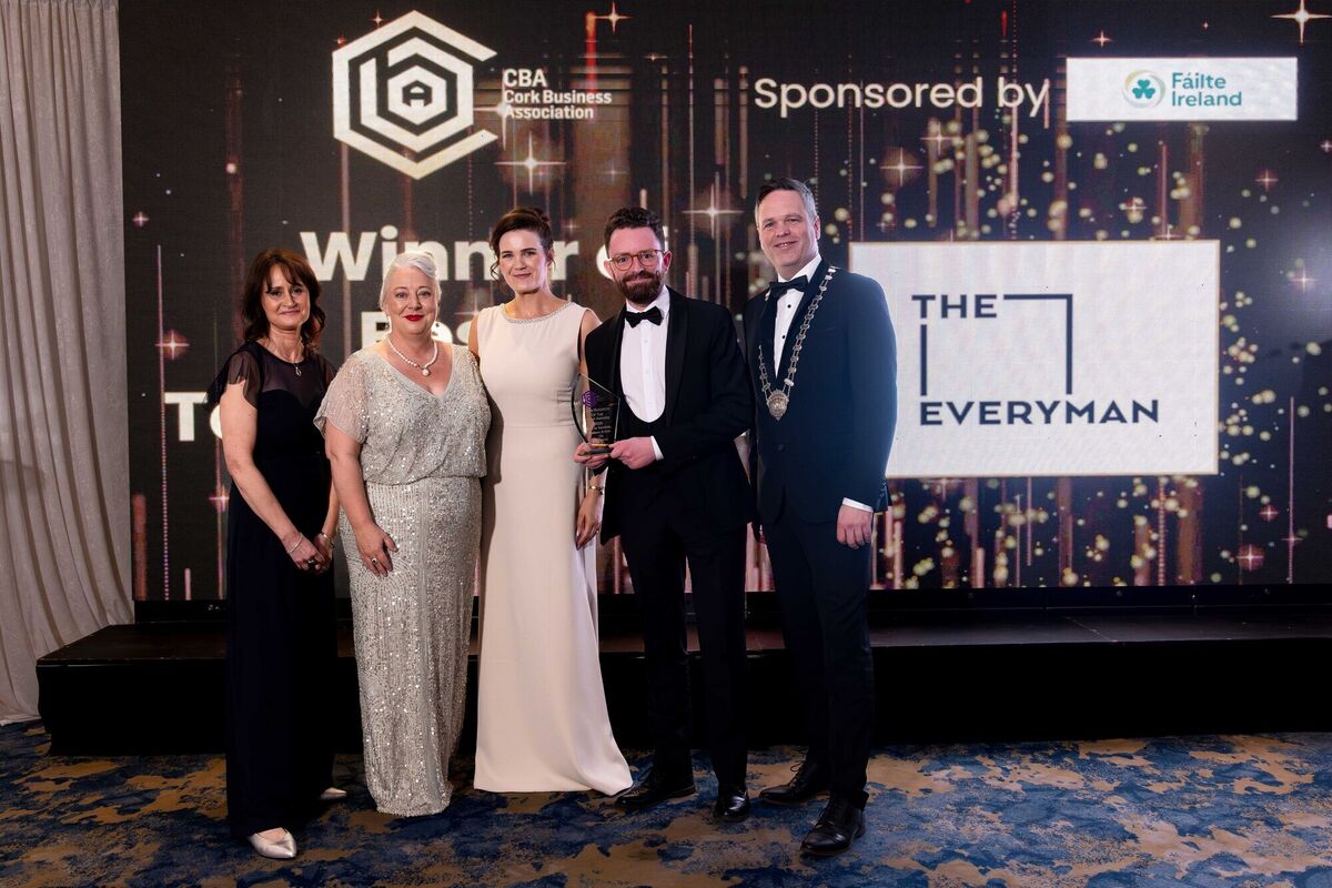 Louise Murray and Des Kennedy, The Everyman, pictured receiving the award for Best in Culture, Arts & Tourism from sponsor Deirdre Cole of Failte Ireland, and Cliona Barnes and Dave O'Brien, CBA. Louise Murray and Des Kennedy, The Everyman, pictured receiving the award for Best in Culture, Arts & Tourism from sponsor Deirdre Cole of Failte Ireland, and Cliona Barnes and Dave O'Brien, CBA.