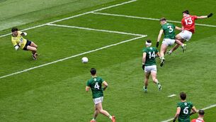 <p>29 March 2026; Chris Óg Jones of Cork, 13, shoots wide of goal during the Allianz Football League Division 2 final match between Meath and Cork at Croke Park in Dublin. Photo by Ramsey Cardy/Sportsfile</p>