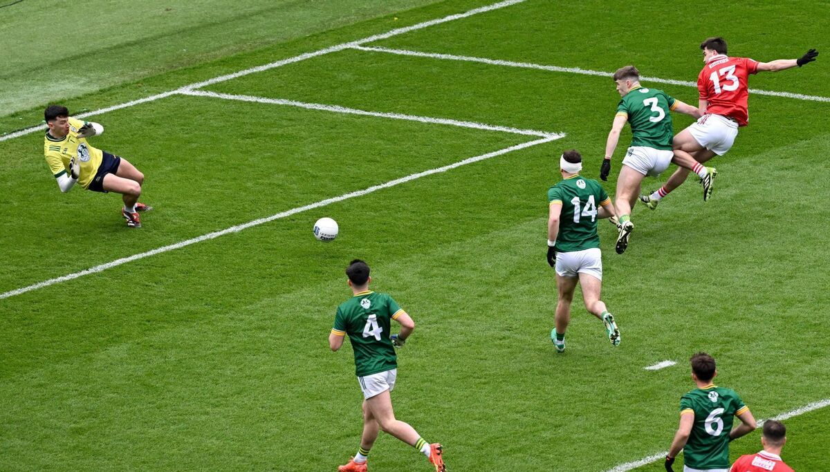 Chris Óg Jones of Cork, 13, shoots wide of goal. Pic: Ramsey Cardy/Sportsfile