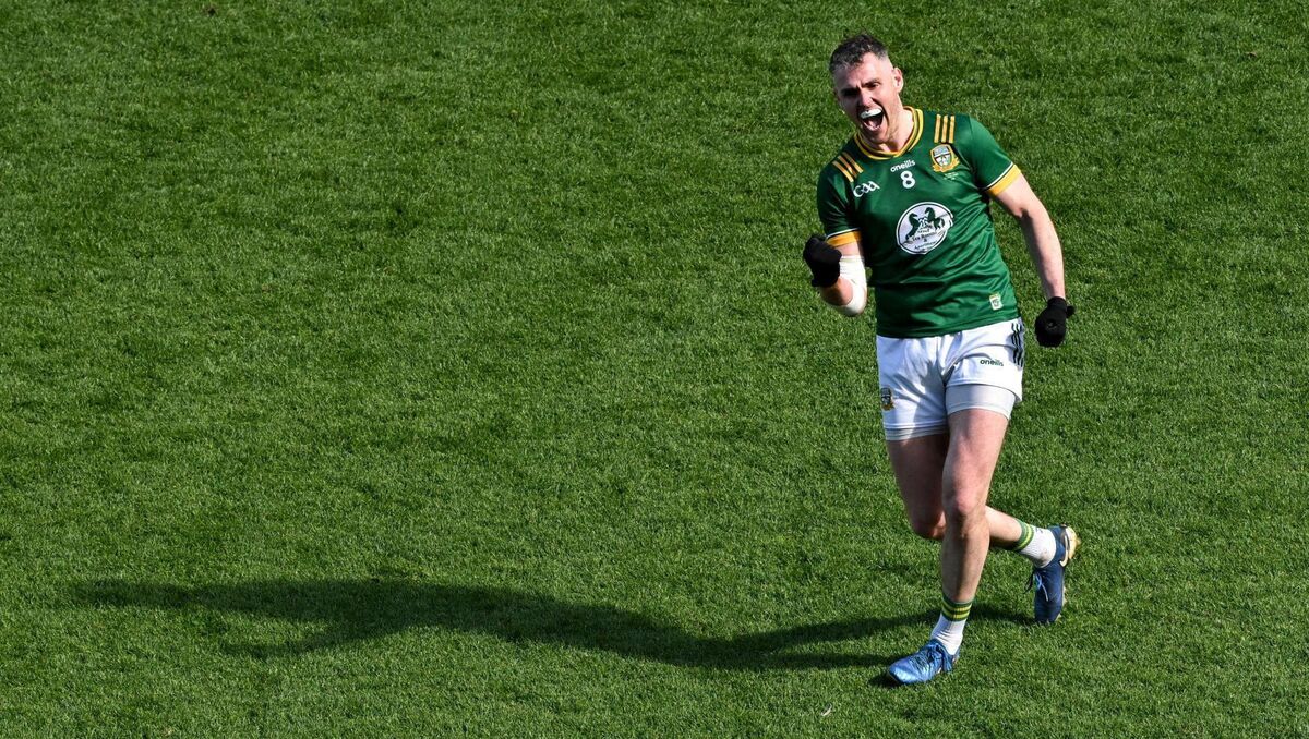 Bryan Menton of Meath celebrates at the final whistle. Pic: Ramsey Cardy/Sportsfile