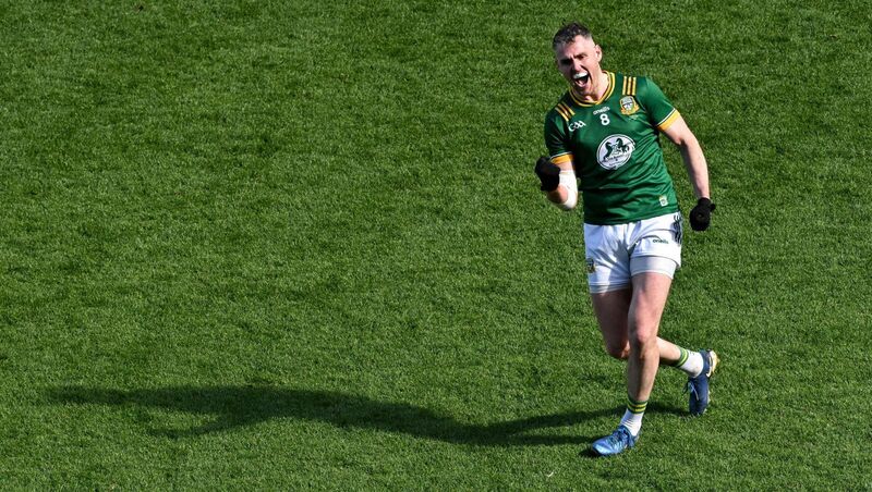 Bryan Menton of Meath celebrates at the final whistle. Pic: Ramsey Cardy/Sportsfile Bryan Menton of Meath celebrates at the final whistle. Pic: Ramsey Cardy/Sportsfile