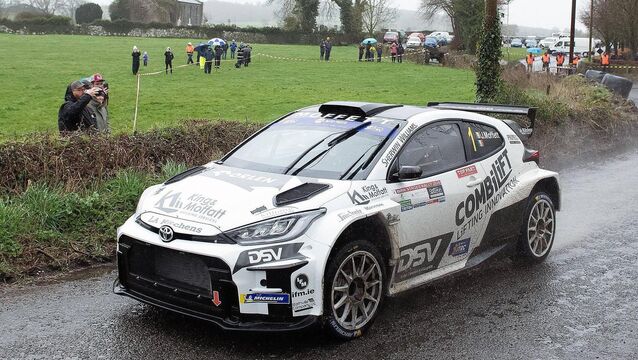 <p>Monaghan's Josh Moffett (Toyota GR Yaris Rally2) and his Limerick co-driver Keith Moriarty on their way to victory in the Nenagh based Abbey Court Hotel Birr Rally, the second round of the Triton Showers National Rally Championship. Picture: Martin Walsh. </p>