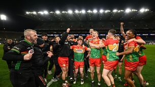 <p>Carlow players celebrate after the Allianz Football League Division 4 final match against Longford. Pic: David Fitzgerald/Sportsfile</p>