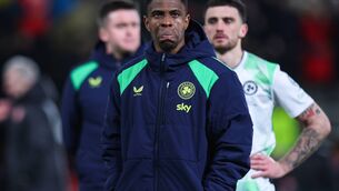 <p>Republic of Ireland’s Chiedozie Ogbene dejected after the match in Prague. Pic: Ryan Byrne/Inpho</p>