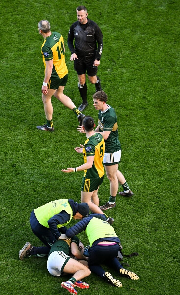 Michael Murphy of Donegal walks away after an incident with Dylan Casey of Kerry, for which he was shown a yellow card. Pic: Ramsey Cardy/Sportsfile