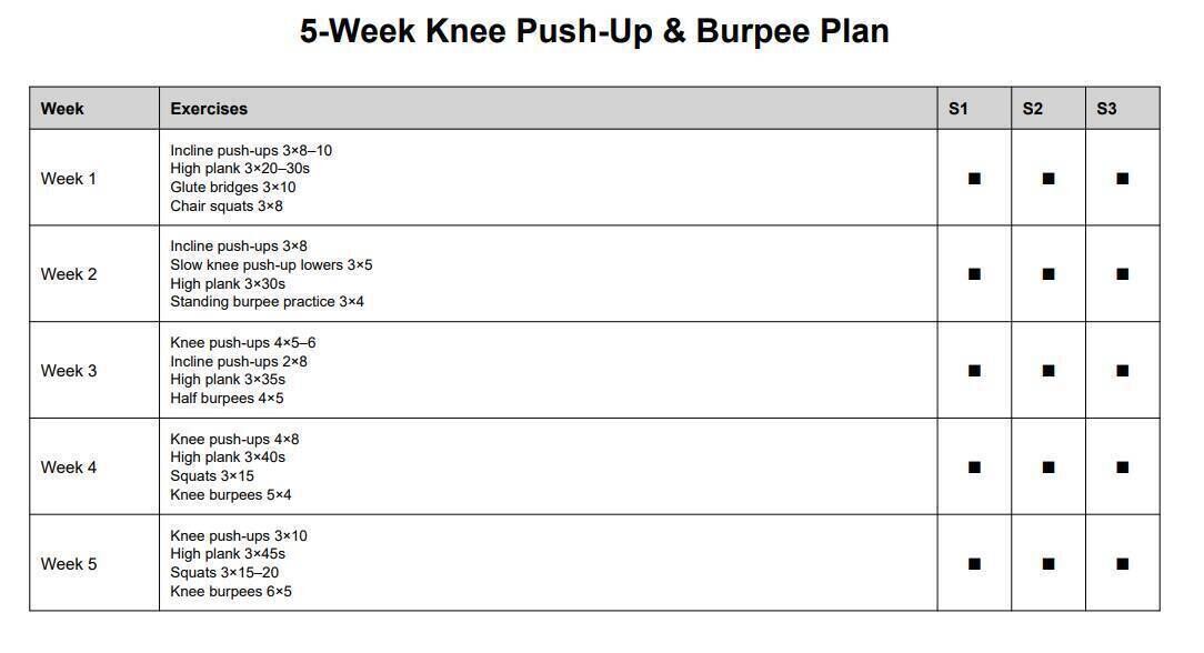The five-week knee-push up and burpee plan the AI chatbot provided Nicole Glennon