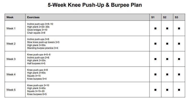 The five-week knee-push up and burpee plan the AI chatbot provided Nicole Glennon