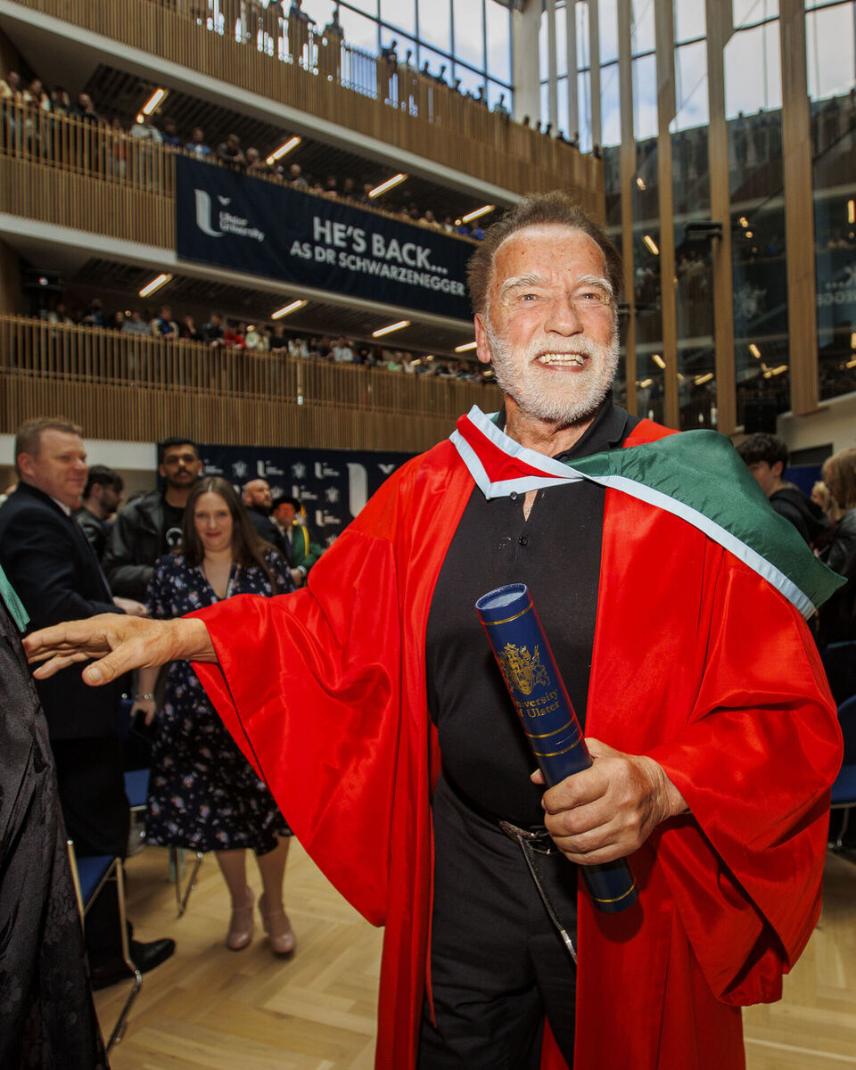 Arnold Schwarzenegger after receiving his honorary doctorate at Ulster University in Belfast. Picture: Liam McBurney/PA Wire Arnold Schwarzenegger after receiving his honorary doctorate at Ulster University in Belfast. Picture: Liam McBurney/PA Wire
