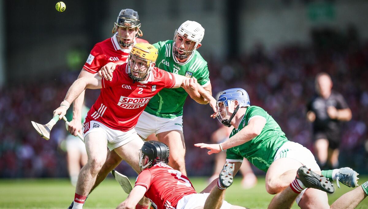 Cork's Niall O'Leary and Eoin Downey challenge for the ball with Aaron Gillane and Shane O'Brien of Limerick. Pic: Tom Maher/Inpho Cork's Niall O'Leary and Eoin Downey challenge for the ball with Aaron Gillane and Shane O'Brien of Limerick. Pic: Tom Maher/Inpho
