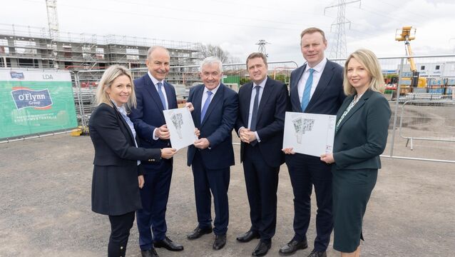 <p>Michelle O’Flynn, Property / Development Director, O’Flynn Group, Michael O’Flynn, Founder and CEO, O’Flynn Group, An Taoiseach, Micheál Martin, Minister for Housing James Browne John Coleman, CEO, LDA and Sharon Geraghty, chief of staff, LDA, at the LDA and the O’Flynn Group announcement of plans to deliver 542 new homes in Dublin. The new A-rated apartments are being delivered as part of Southwest Gate, a landmark residential scheme on the Naas Road in Dublin 12. Picture: Naoise Culhane</p>
