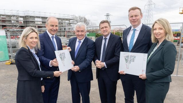 <p>Michelle O’Flynn, Property / Development Director, O’Flynn Group, Michael O’Flynn, Founder and CEO, O’Flynn Group, An Taoiseach, Micheál Martin, Minister for Housing James Browne John Coleman, CEO, LDA and Sharon Geraghty, chief of staff, LDA, at the LDA and the O’Flynn Group announcement of plans to deliver 542 new homes in Dublin. The new A-rated apartments are being delivered as part of Southwest Gate, a landmark residential scheme on the Naas Road in Dublin 12. Picture: Naoise Culhane</p>