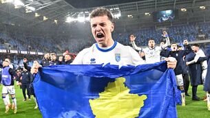 <p>Kosovo's Fisnik Asllani celebrates after the play-offsemi-fonal win over Slovakia in Bratislava. Pic: Joe Klamar / AFP via Getty Images</p> <p>Kosovo's Fisnik Asllani celebrates after the play-offsemi-fonal win over Slovakia in Bratislava. Pic: Joe Klamar / AFP via Getty Images</p>