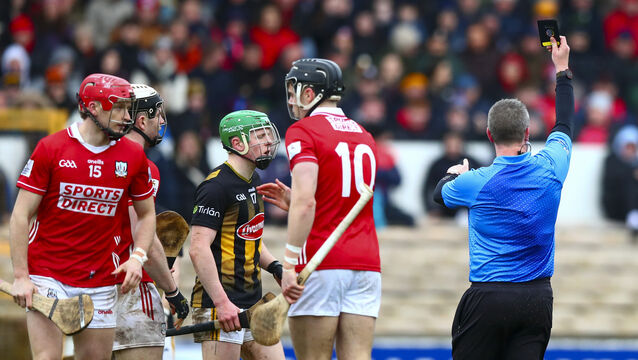 <p>Thomas Walsh shows Kilkenny's Ivan Bolger a black card. Pic: Inpho</p>