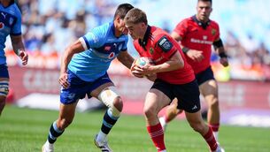 <p>Jack Crowley of Munster in action during the URC agaisnt the Vodacom Bulls. Pic: Nic Bothma/Sportsfile</p> <p>Jack Crowley of Munster in action during the URC agaisnt the Vodacom Bulls. Pic: Nic Bothma/Sportsfile</p>
