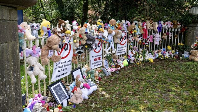 <p>The gates of Bessborough Mother were covered with teddy bears during a vigil this month  which saw people gather to protest Cork City Council’s approval of the apartments. Picture: Chani Anderson</p>