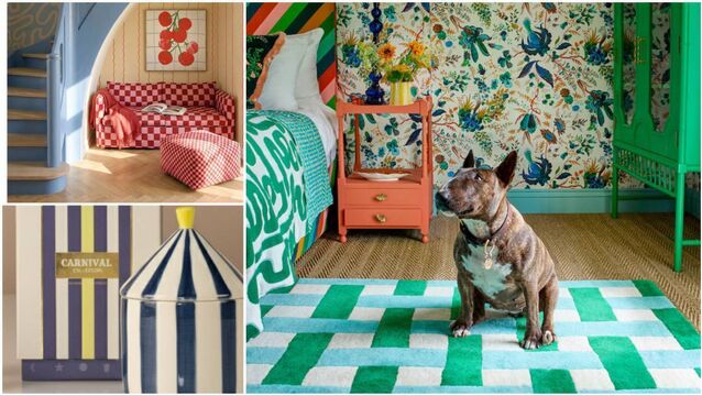 <p>Wiggle red-stripe wallpaper, Photowall, above left; French Bedroom scented candle, below left; Teppich Harlequin Basketweave emerald/aquamarine, Traumteppich.com, right. </p>