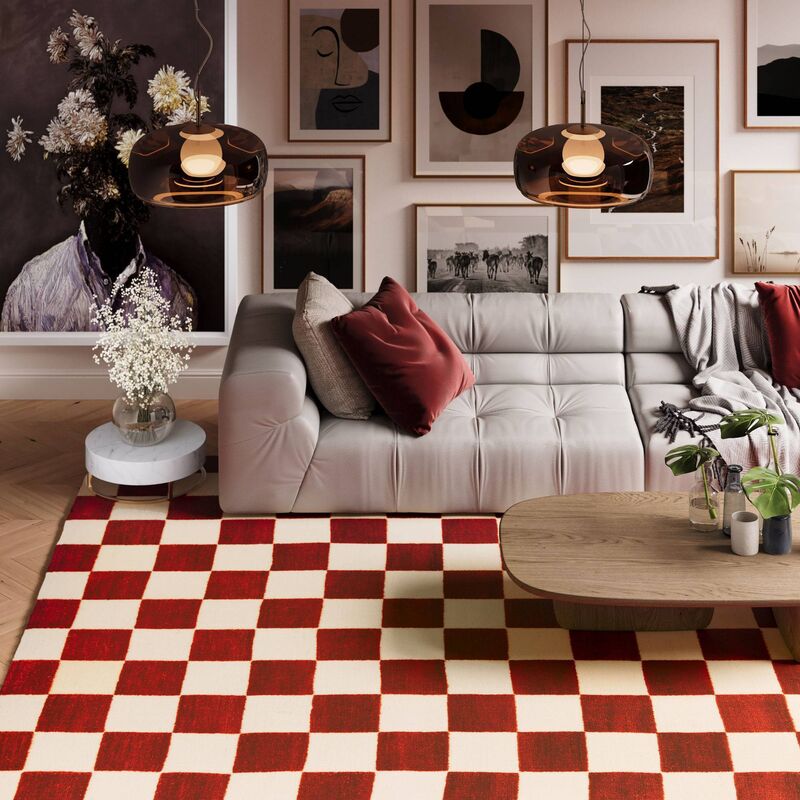 The Retro Chequerboard rug in burnt orange, from €145 for 120cmx170cm, Kukoonrugs.com.