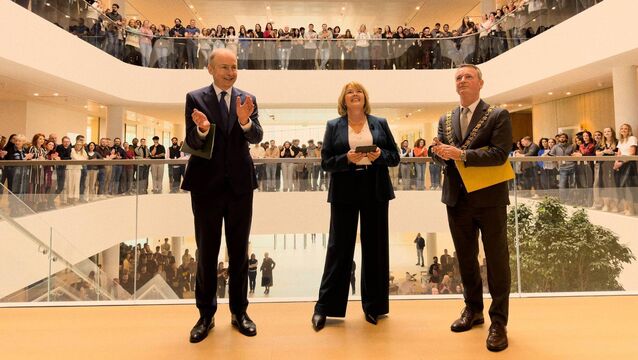 <p>Cathy Kearney, vice-president operations, Apple, welcomes Taoiseach Micheál Martin and Lord Mayor of Cork Fergal Dennehy to the opening of Apple’s new Hollyhill 5 building on its Cork campus.</p>