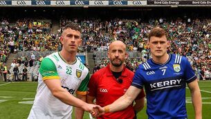 <p>MAN IN THE MIDDLE: Referee Brendan Cawley with Donegal's Patrick McBrearty and Kerry's Gavin White before the 2026 All-Ireland Senior Football Championship Final. Pic: ©INPHO/Ryan Byrne</p> <p>MAN IN THE MIDDLE: Referee Brendan Cawley with Donegal's Patrick McBrearty and Kerry's Gavin White before the 2026 All-Ireland Senior Football Championship Final. Pic: ©INPHO/Ryan Byrne</p>