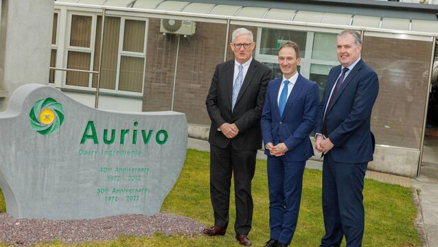 <p>(Left to right) Donal Tierney, CEO, Aurivo Co-operative Society, minister Alan Dillon, and Tom Cusack, head of Food &amp; Climatetech at Enterprise Ireland.</p>