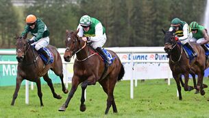 <p>Royal Belief and Ben Harvey (centre) win the Ryans Cleaning Maiden Hurdle from Daisy Fingall (left). Pic: Healy Racing</p>