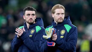 <p>Republic of Ireland's Troy Parrott (left) and goalkeeper Caoimhin Kelleher applaud the fans. Pic: Niall Carson/PA Wire.</p>