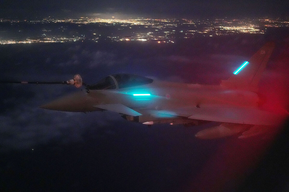 RAF Typhoon FGR4 refuels at night from a Voyager Air-to-Air Refuelling (AAR) aircraft over water between Cyprus and Israel. The UK has been deploying additional defensive capabilities to Cyprus since January, including radar systems, counter-drone systems, F-35 jets, ground-based air defence, and 500 extra air defence personnel Picture;  Jonathan Brady/PA Wire