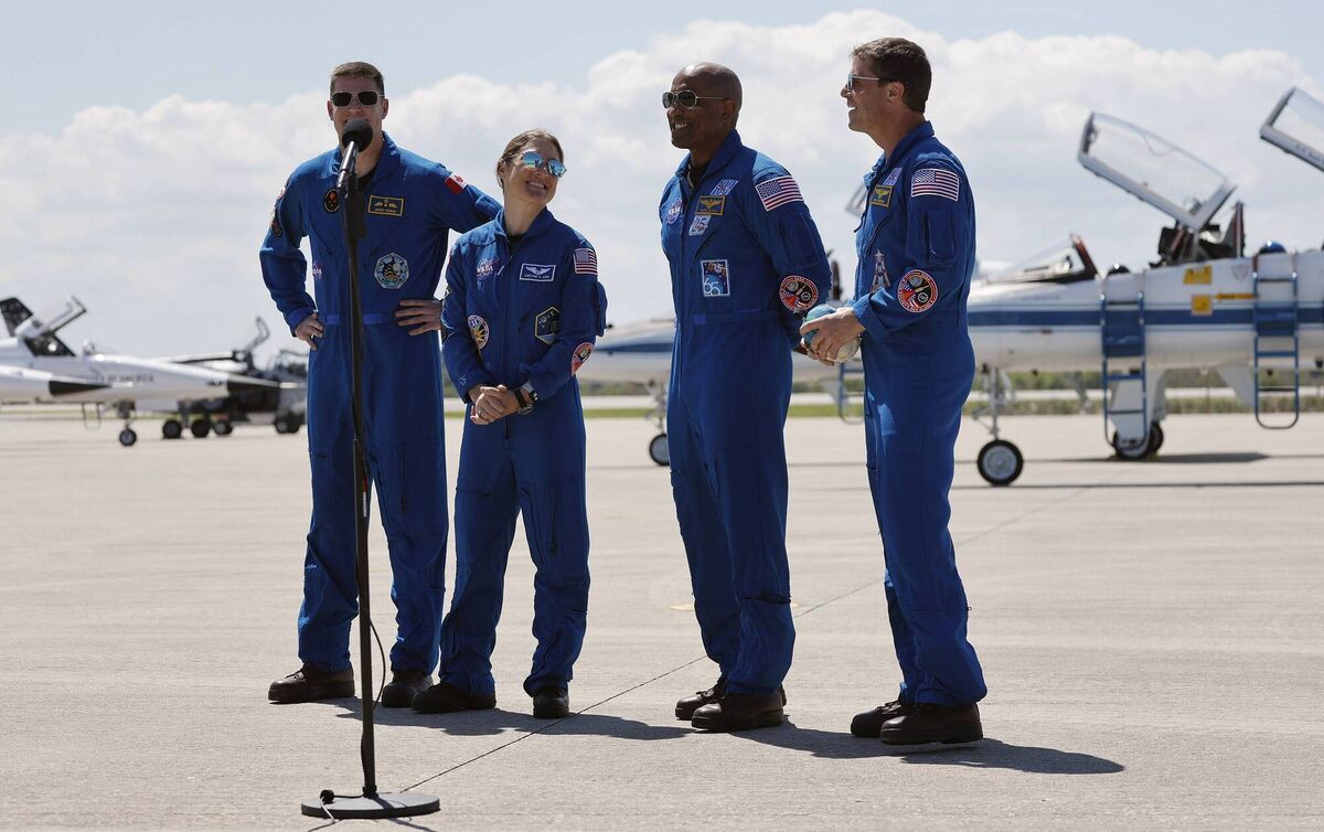 Left to Right, Artemis II Crew: Mission Specialists Jeremy Hansen; and Christina Hammock Koch; Pilot Victor Glover; and Commander Reid Wiseman arrive at the Shuttle Landing Facility in Cape Canaveral, Florida, on Friday, March 27, 2026. Picture: Ricardo Ramirez Buxeda/ Orlando Sentinel/Tribune News Service via Getty Images