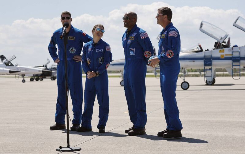 Left to Right, Artemis II Crew: Mission Specialists Jeremy Hansen; and Christina Hammock Koch; Pilot Victor Glover; and Commander Reid Wiseman arrive at the Shuttle Landing Facility in Cape Canaveral, Florida, on Friday, March 27, 2026. Picture: Ricardo Ramirez Buxeda/ Orlando Sentinel/Tribune News Service via Getty Images