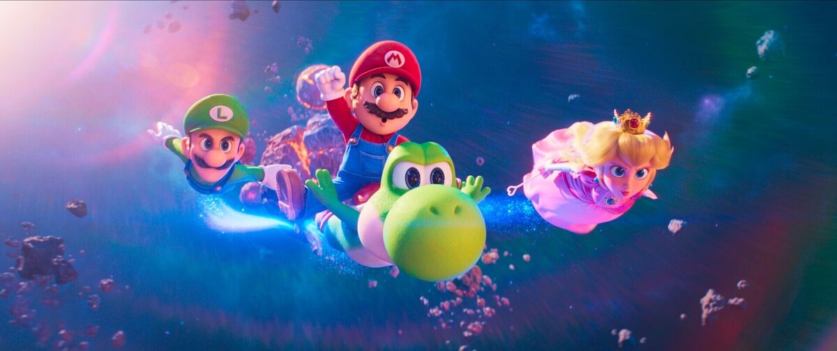 Mario (Chris Pratt), Luigi (Charlie Day), Princess Peach (Anya Taylor-Joy) and Yoshi (Donald Glover) taking flight to save the day in the Super Mario Galaxy Movie