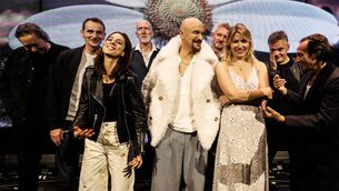 <p>Tim Booth, centre, with other members of the band James. Picture: Ehud Lazin </p>