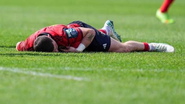 <p>OUT: Calvin Nash on the field after a tackle on Willie le Roux of Vodacom Bulls. Pic: Nic Bothma/Sportsfile.</p>
