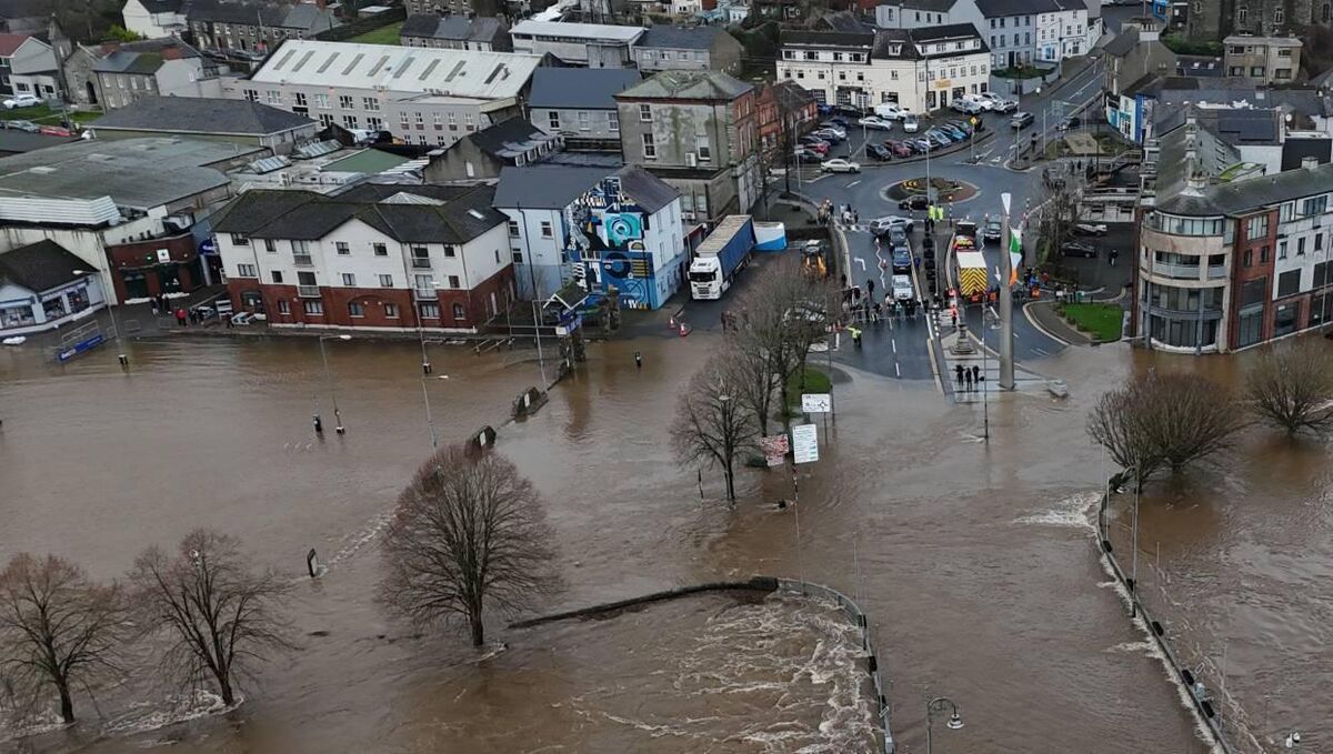 The River Slaney bursts its banks in Enniscorthy, Co Wexford. File picture: PA