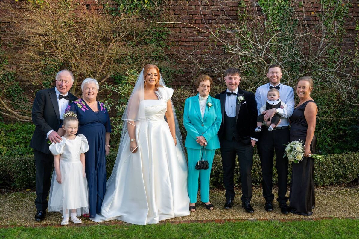 Anna Bell and Bryan Kehoe with the groom's family. Pictures: Conor Healy