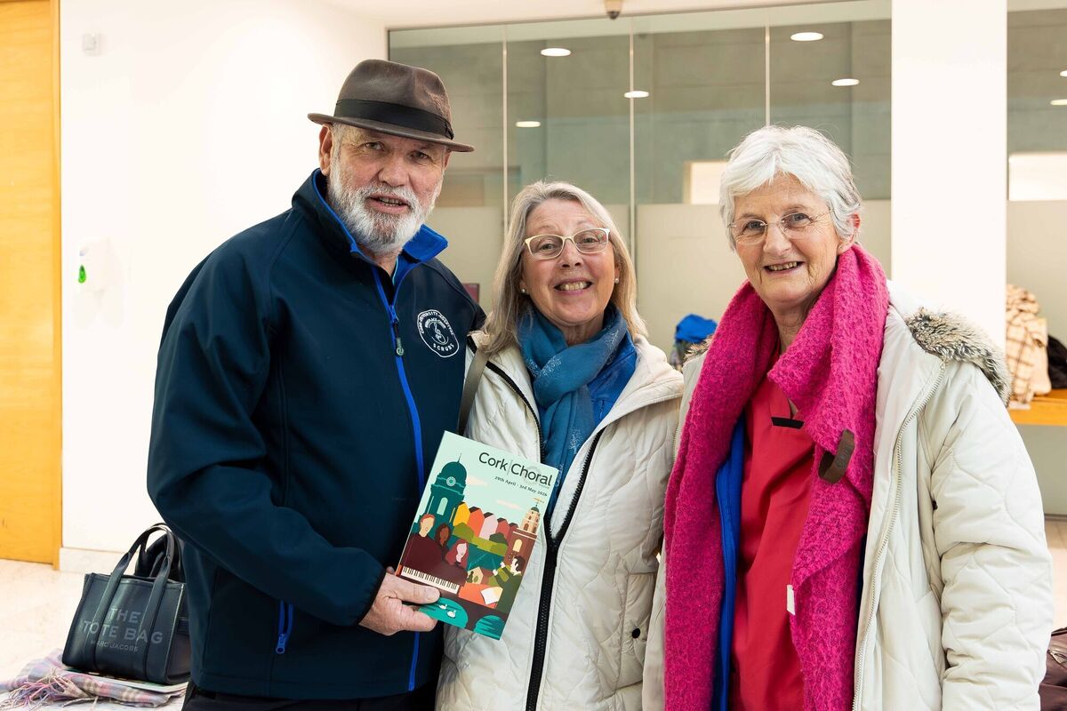 Michael Lynch​, Chairman​, Anne ​O​'Donovan and ​Margaret Hurley​, Scr​ubs Choir pictured at the launch of the Cork International Choral Festival 2026 Programme. Picture: Alison Miles / OSM PHOTO