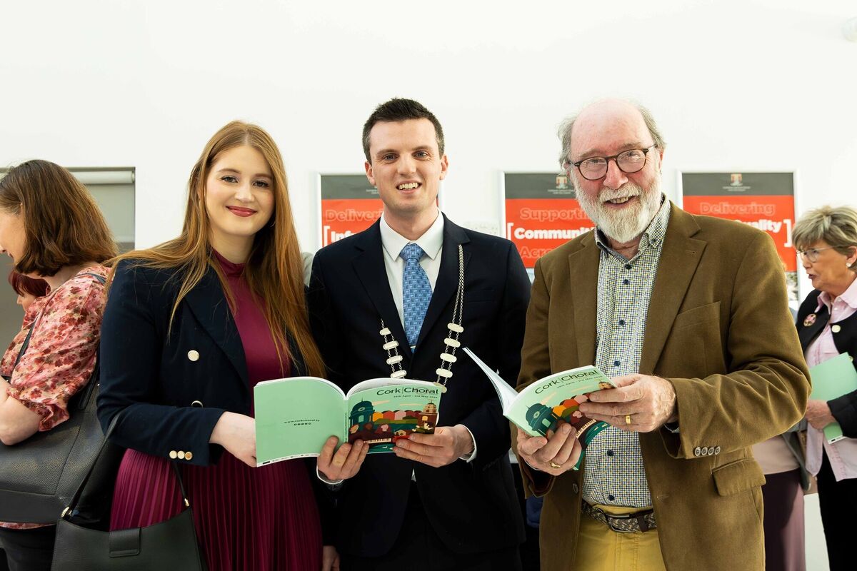 Jianne O’Connell​, Deputising County Mayor, Cllr. Ben Dalton O'Sullivan​ and John Fitzpatrick, Festival President pictured at the launch of the Cork International Choral Festival 2026 Programme.  Picture: Alison Miles / OSM PHOTO