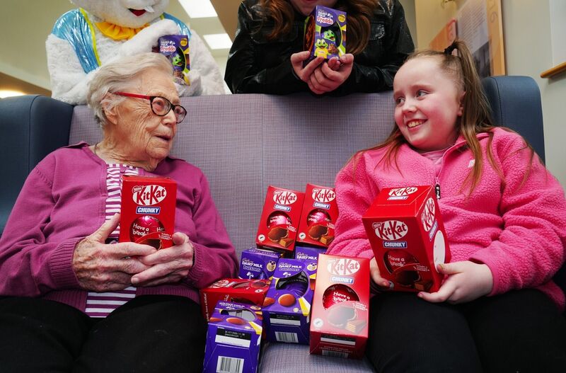 101-year-old Jean O'Toole, a patient at the community rehabilitation unit, receives an easter egg from Ellamay Metcalfe at Our Lady's Hospice & Care Services, Harold's Cross, Dublin. Picture: Brian Lawless/PA Wire 101-year-old Jean O'Toole, a patient at the community rehabilitation unit, receives an easter egg from Ellamay Metcalfe at Our Lady's Hospice & Care Services, Harold's Cross, Dublin. Picture: Brian Lawless/PA Wire