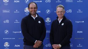 <p>European Ryder Cup Captain, Luke Donald (R) and Vice-Captain Edoardo Molinari pose for a portrait on January 19, 2024 in Dubai, United Arab Emirates. (Photo by Richard Heathcote/Getty Images)</p>