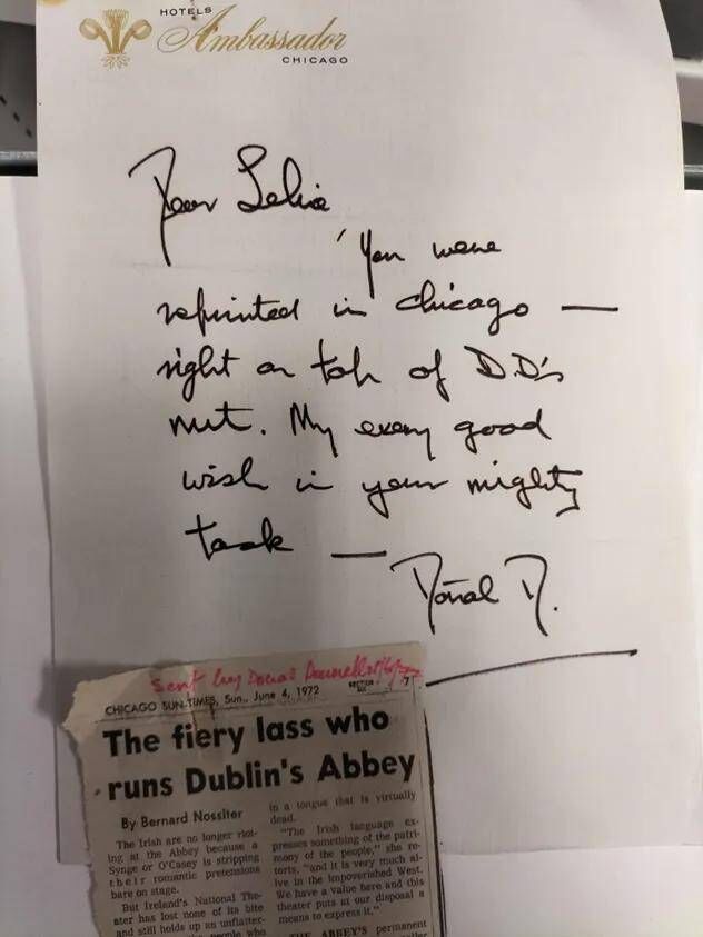 A cutting from the Chicago Sun Times, June 4, 1972, was sent to Lelia by actor and friend Donal Donnelly after she was appointed first female artistic director of the Abbey. Picture: University of Galway Library A cutting from the Chicago Sun Times, June 4, 1972, was sent to Lelia by actor and friend Donal Donnelly after she was appointed first female artistic director of the Abbey. Picture: University of Galway Library