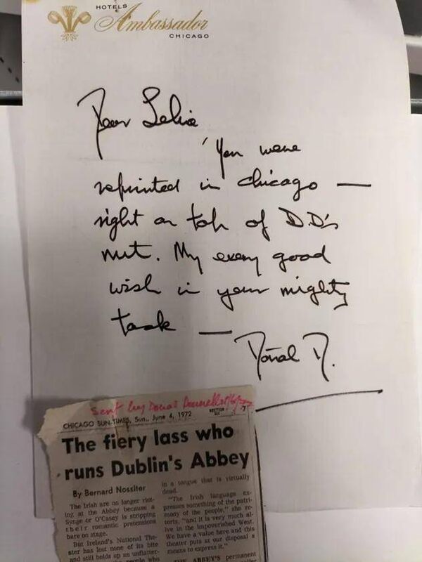 A cutting from the Chicago Sun Times, June 4, 1972, was sent to Lelia by actor and friend Donal Donnelly after she was appointed first female artistic director of the Abbey. Picture: University of Galway Library A cutting from the Chicago Sun Times, June 4, 1972, was sent to Lelia by actor and friend Donal Donnelly after she was appointed first female artistic director of the Abbey. Picture: University of Galway Library