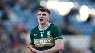 <p>Kerry’s Sean O'Shea dejected after the League final defeat by Donegal. Pic: James Crombie, Inpho</p>