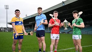 <p>In attendance during a Allianz National Hurling League Finals media event are, from left, Clare hurler Mark Rodgers, Dublin hurler Ronan Hayes, Cork hurler Niall O'Leary and Limerick hurler Adam English at TUS Gaelic Grounds &amp; Woodfield House in Limerick. Photo by Sam Barnes/Sportsfile</p>